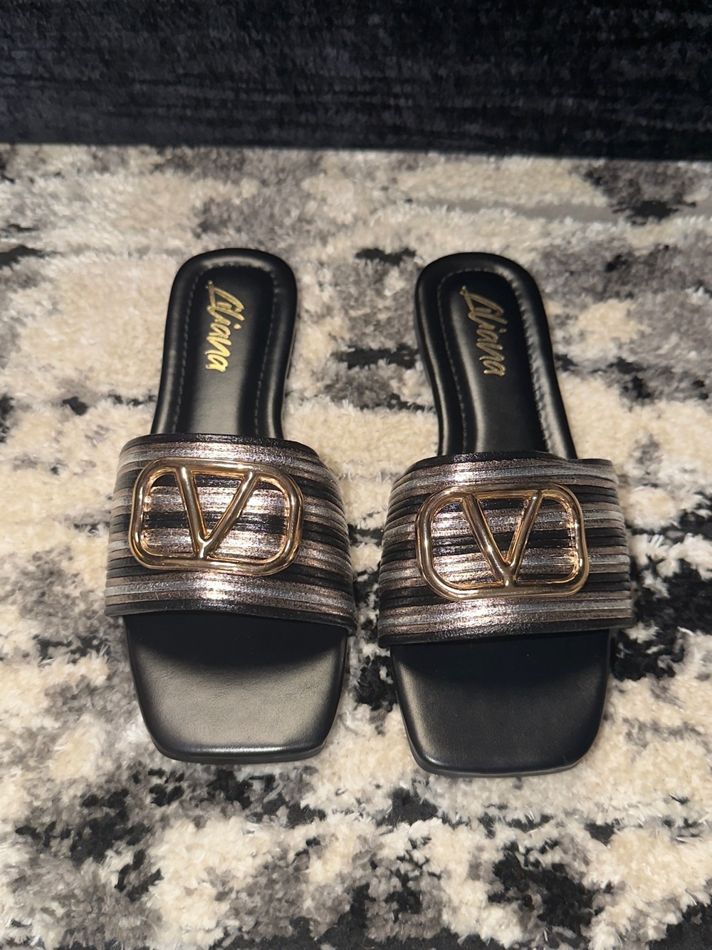 Liliana Black Metallic Striped Slide Mules with Gold Emblem